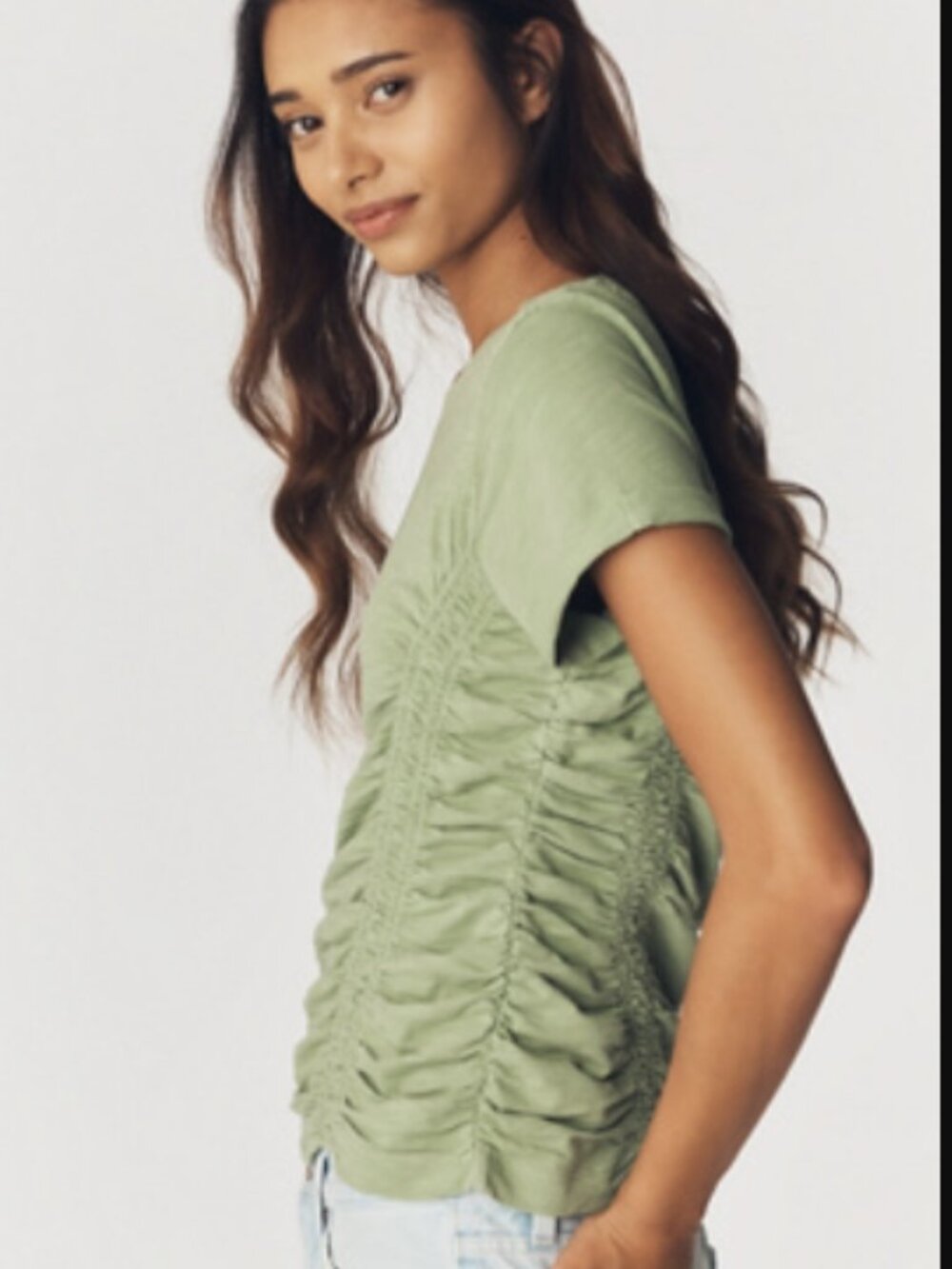 NWT Anthropologie Pilcro Bennie Cotton Ruched Crew Neck Tee in Green